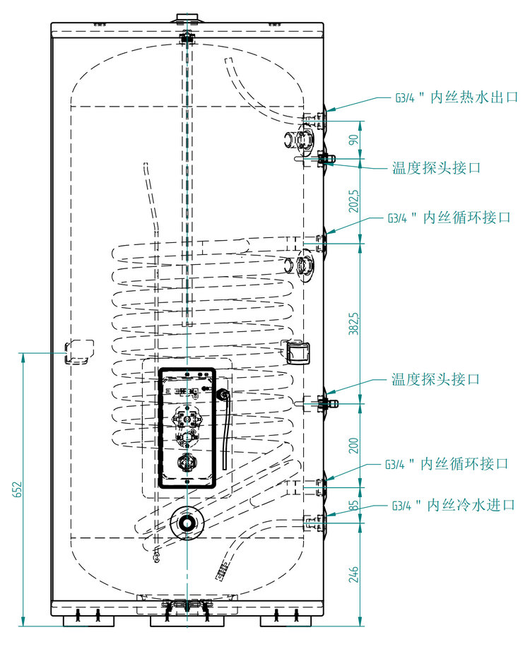 300L分體式搪瓷單盤管水箱外形尺寸圖