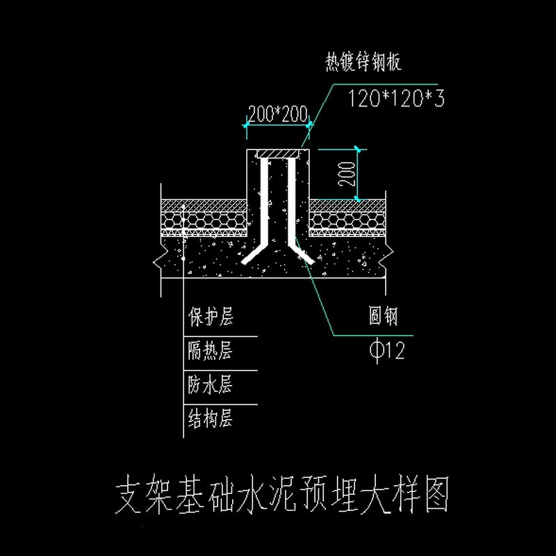 商用太陽能集熱器安裝支架基礎水泥預埋大樣圖